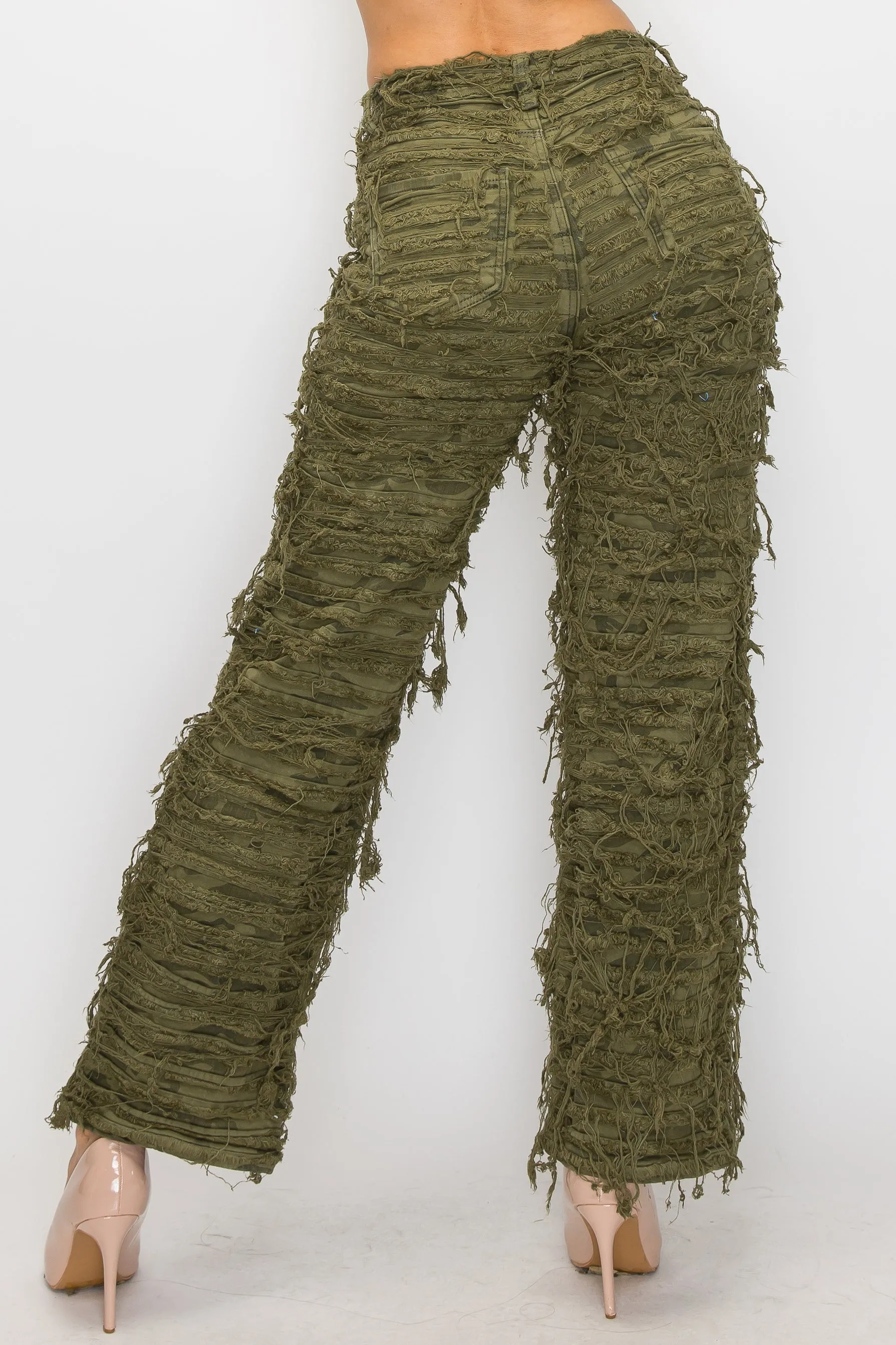 40574 Women's Mid Rise Dual Layer Distressed Relaxed Frayed Jeans