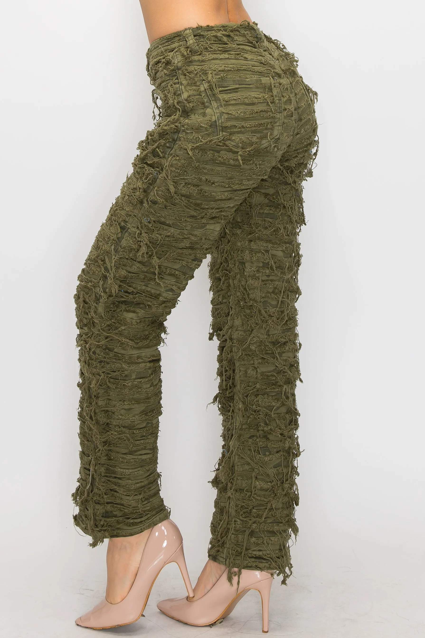 40574 Women's Mid Rise Dual Layer Distressed Relaxed Frayed Jeans