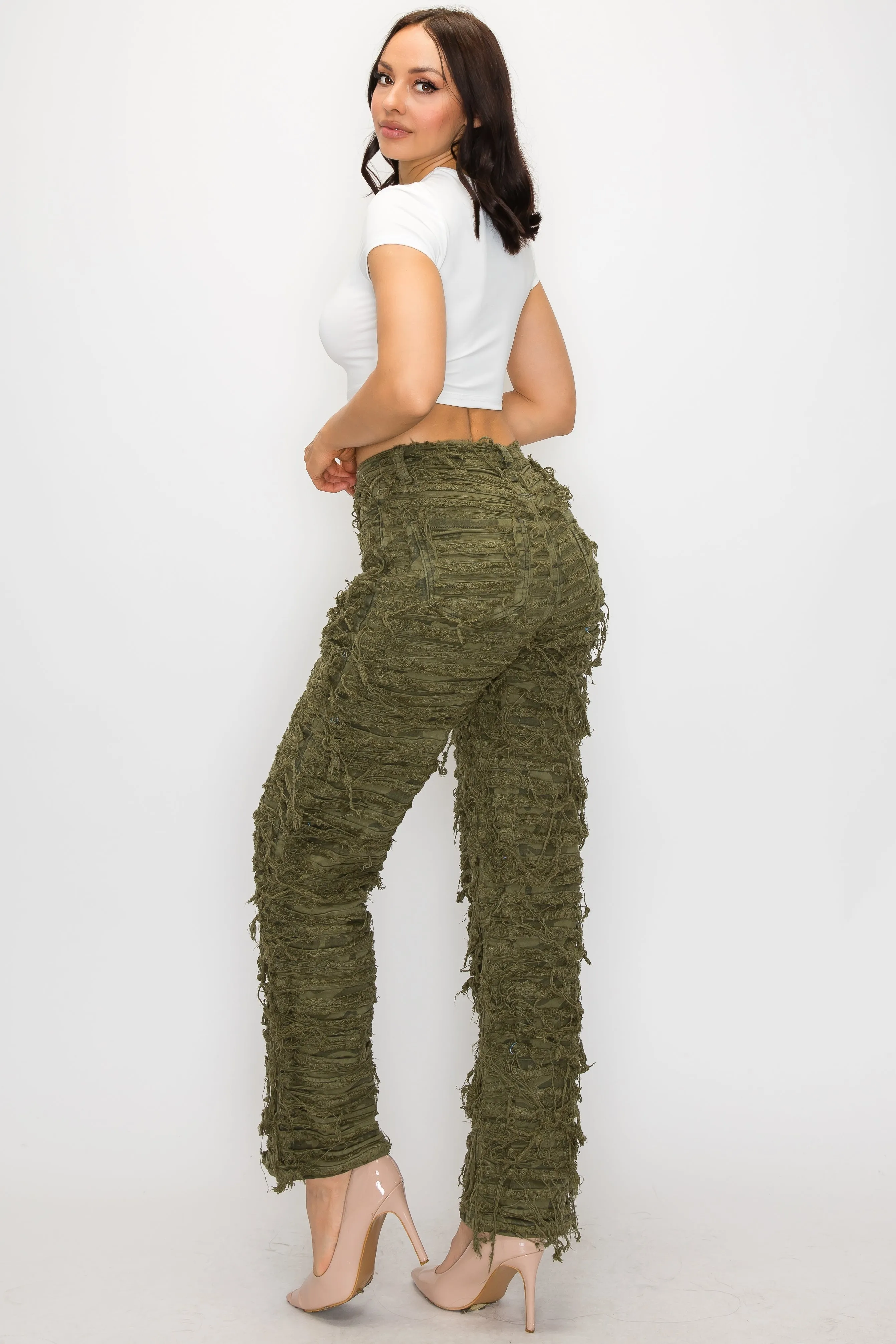 40574 Women's Mid Rise Dual Layer Distressed Relaxed Frayed Jeans