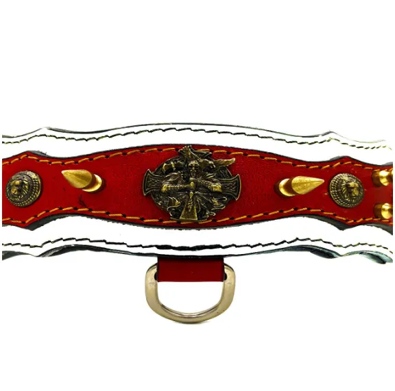 Athena Spiked Leather Dog Collar - White-Red