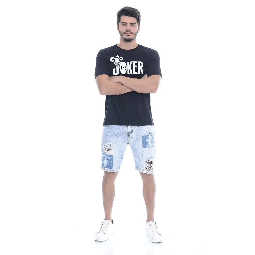 Bermuda Jeans Rasgada Com Respingos De Tinta