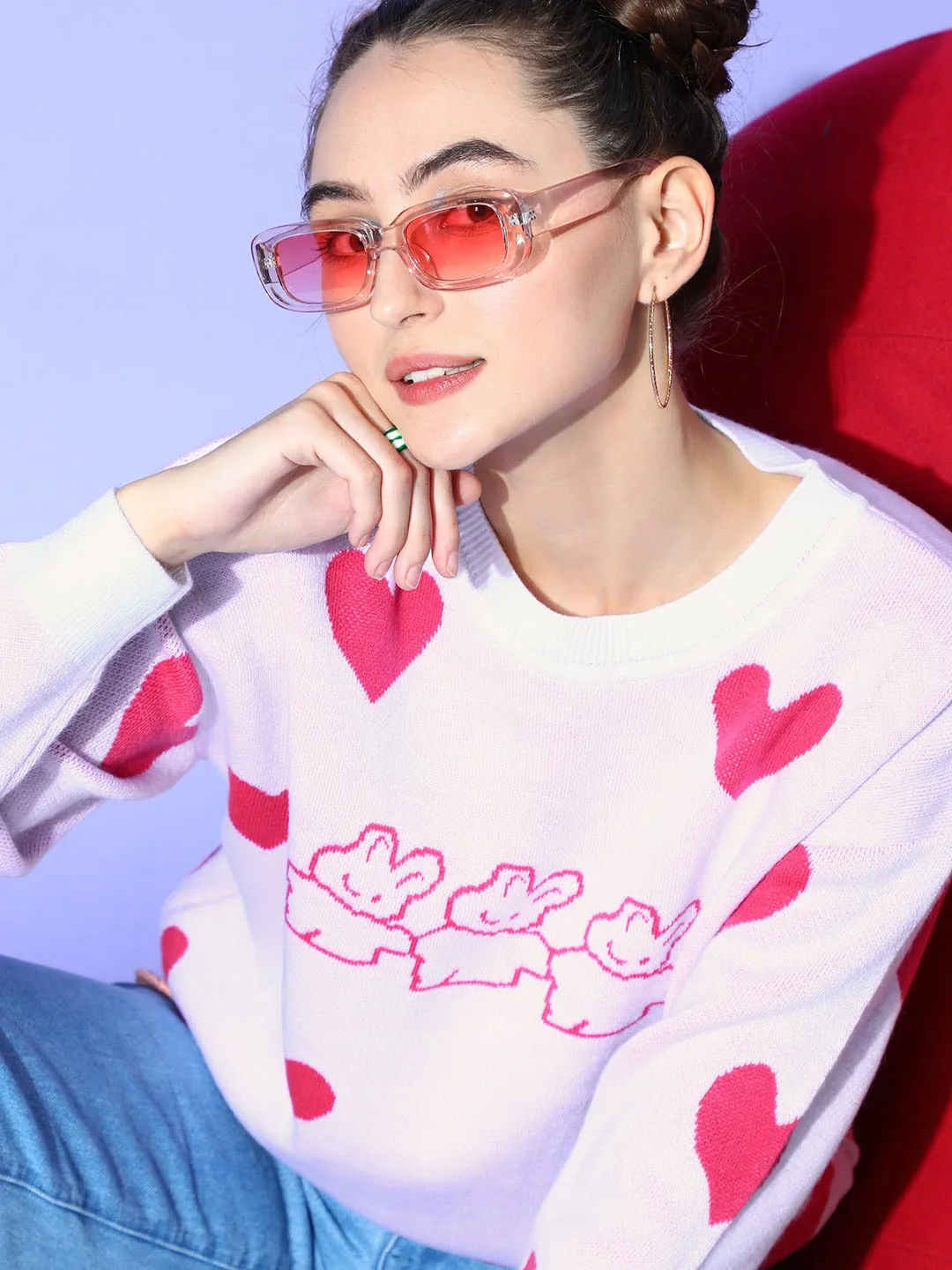 Berrylush Women White & Pink Heart & Rabbit Printed Round Neck Acrylic Ribbed Hem Pullover
