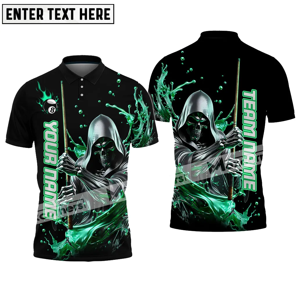 Billiard Skull Reaper Ball 8 Flame Logo Multicolor Options Personalized Name, Team Name 3D Polo Shirt