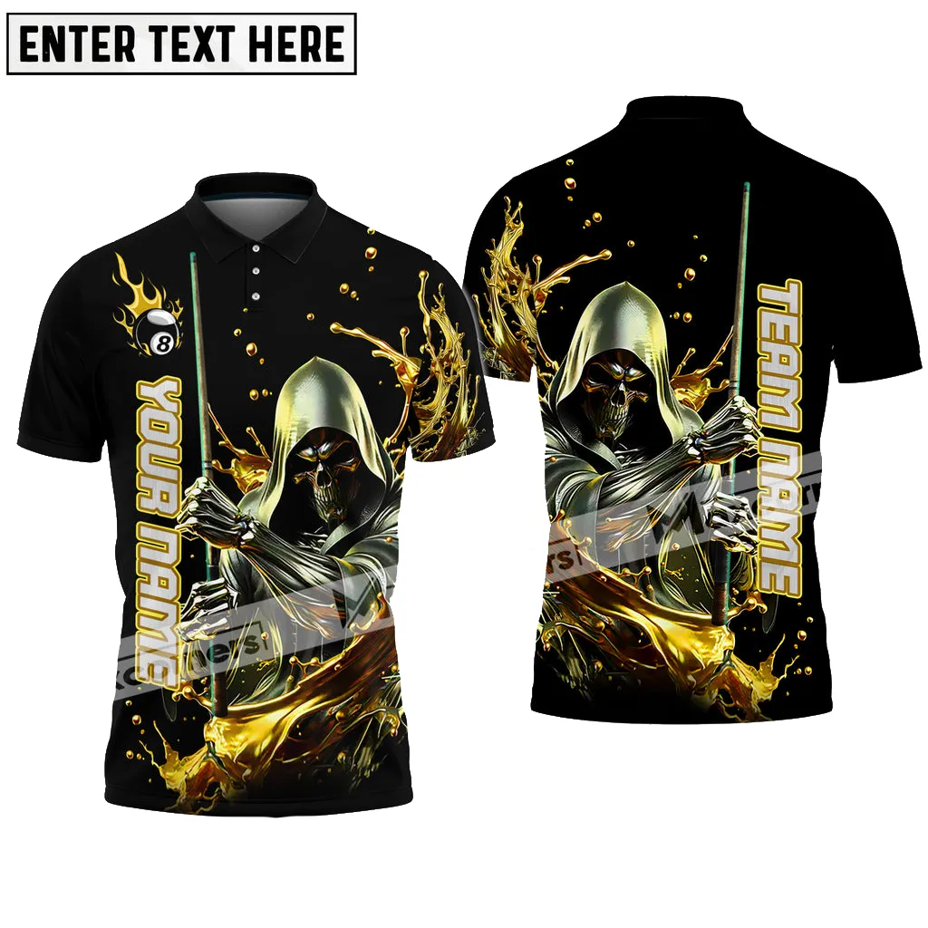 Billiard Skull Reaper Ball 8 Flame Logo Multicolor Options Personalized Name, Team Name 3D Polo Shirt