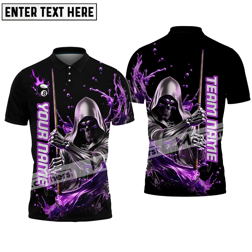 Billiard Skull Reaper Ball 8 Flame Logo Multicolor Options Personalized Name, Team Name 3D Polo Shirt
