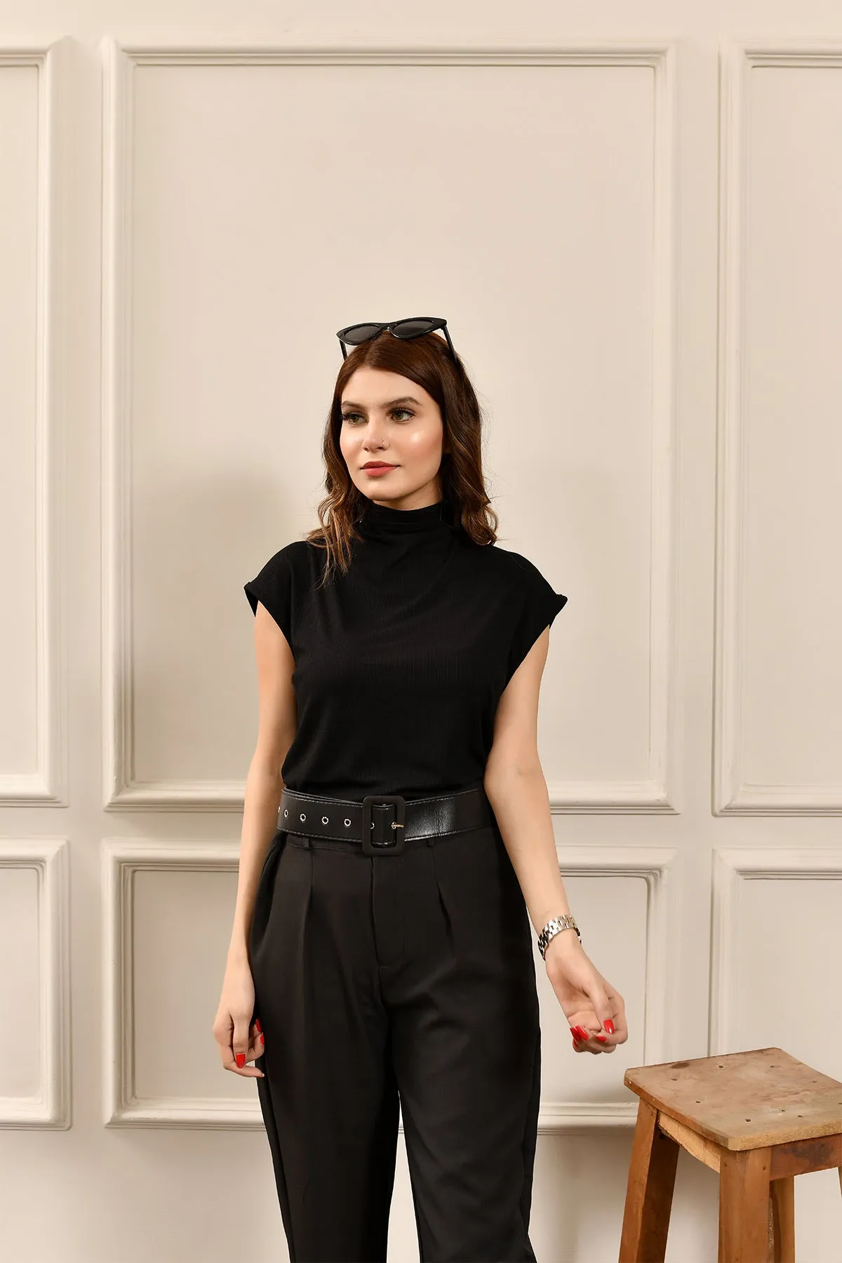 Black High Waist Belted Pant