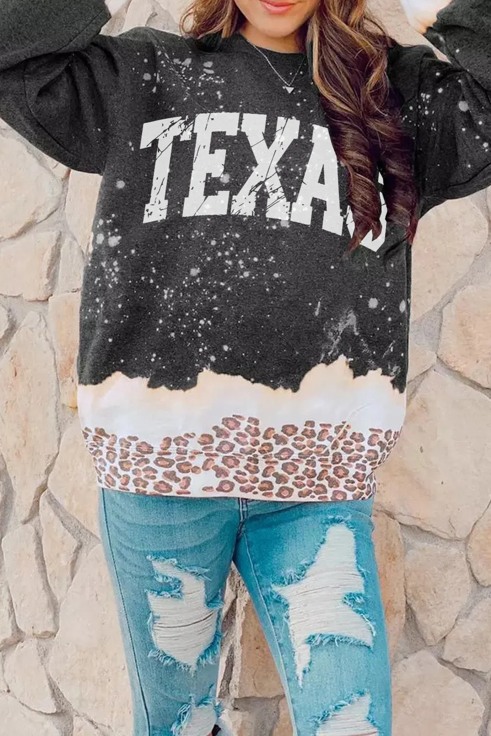 Black Texas Leopard Color Block Pullover Sweatshirt