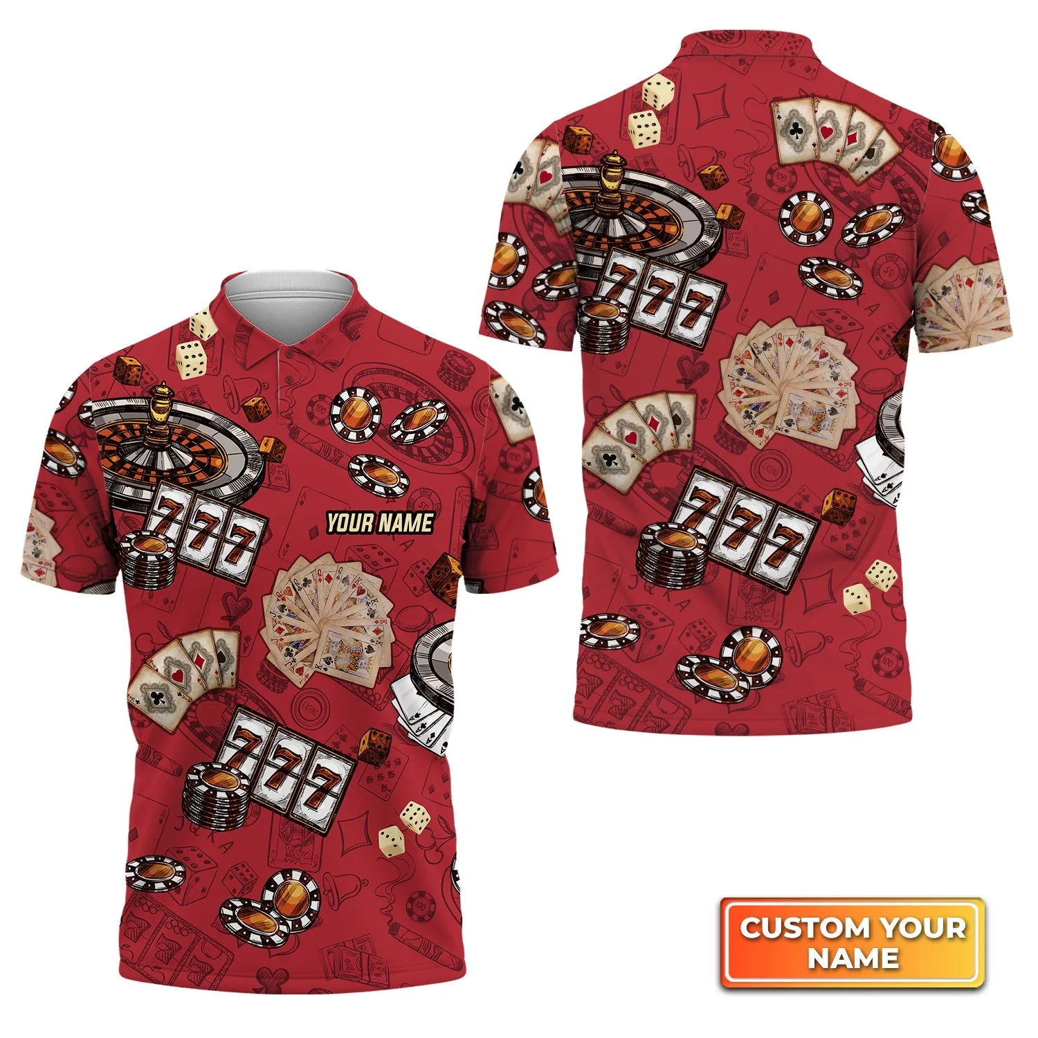 Casino Pattern Red Personalized Name 3D Polo Shirt Gift For Poker Players