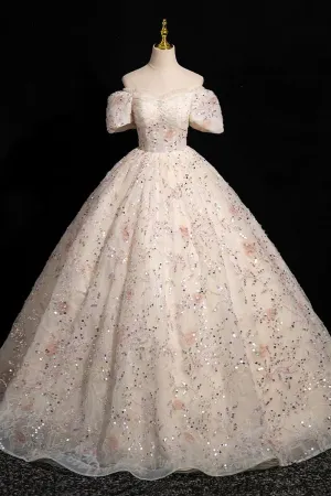 Champagne Tulle Sequins Long Prom Dress, Elegant A-Line Evening Dress