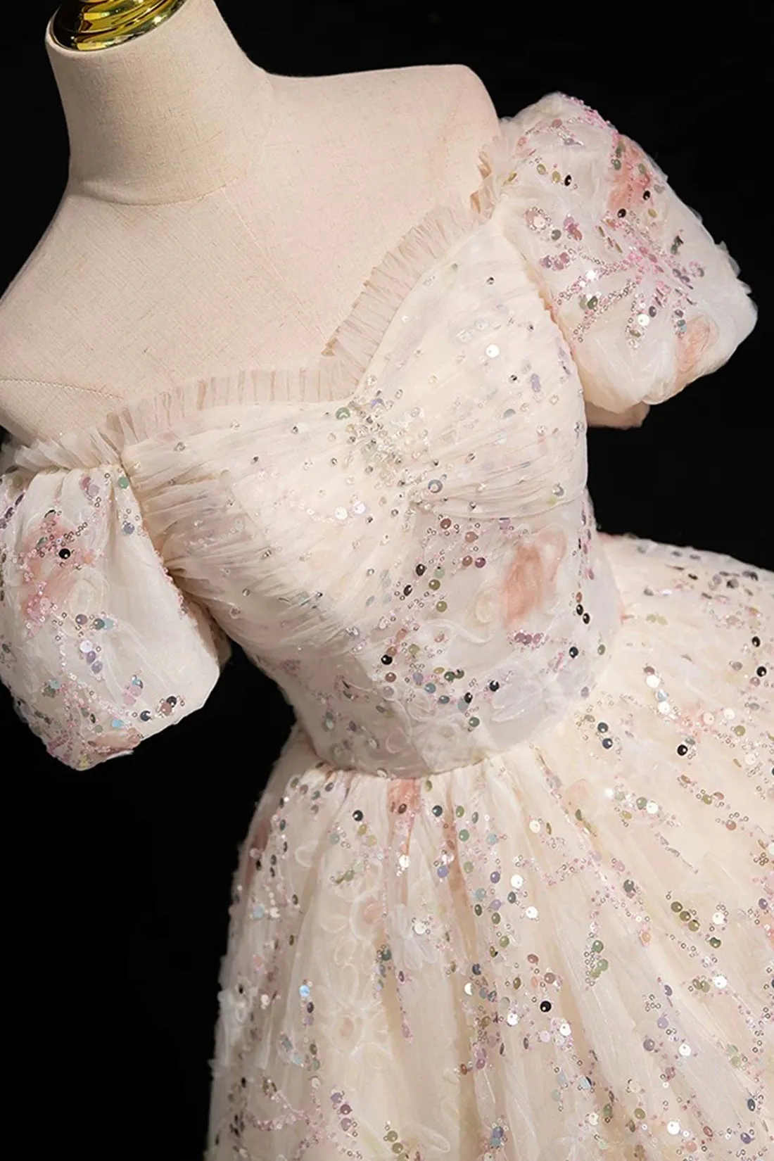 Champagne Tulle Sequins Long Prom Dress, Elegant A-Line Evening Dress