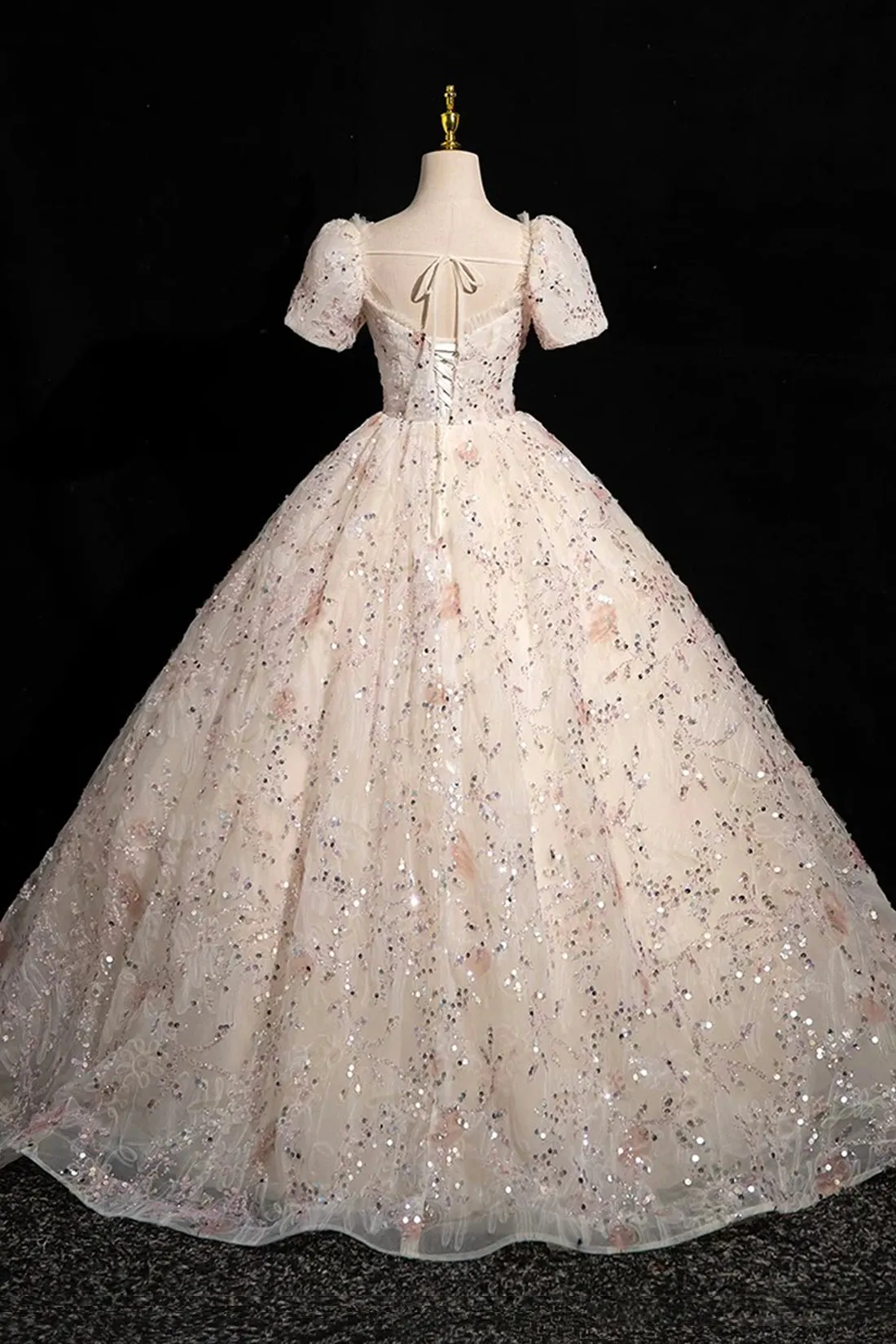 Champagne Tulle Sequins Long Prom Dress, Elegant A-Line Evening Dress