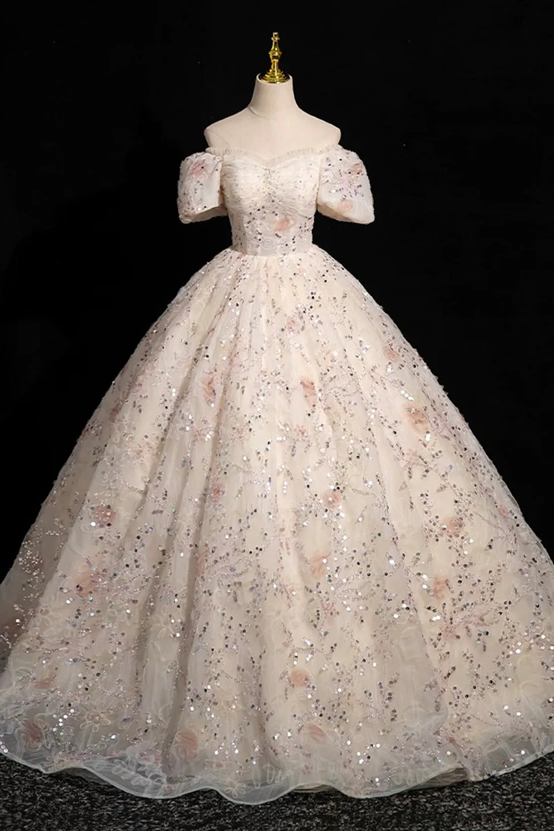Champagne Tulle Sequins Long Prom Dress, Elegant A-Line Evening Dress