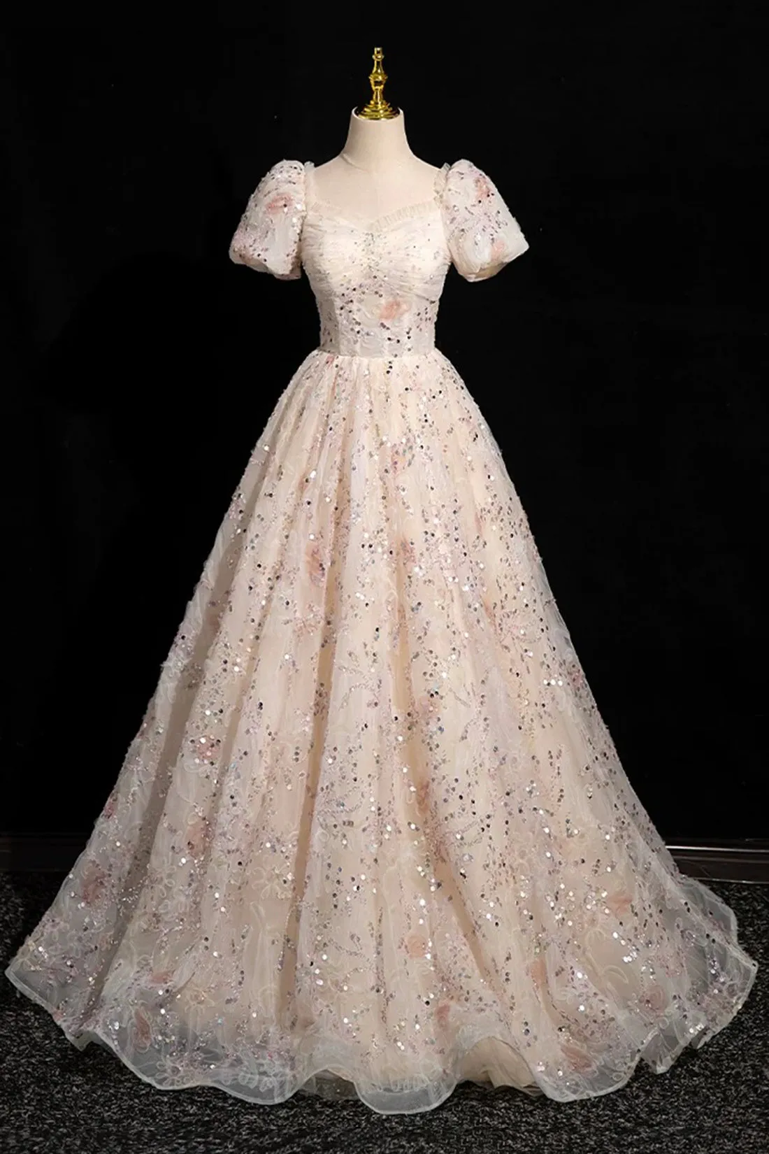Champagne Tulle Sequins Long Prom Dress, Elegant A-Line Evening Dress