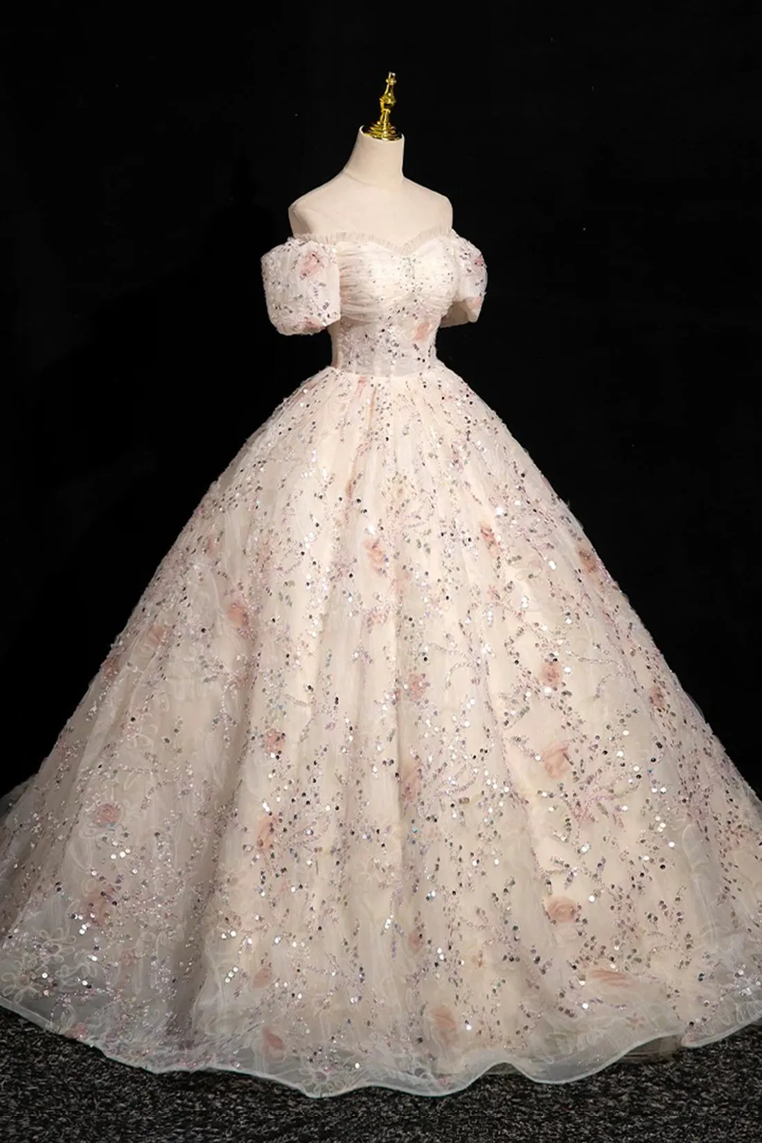 Champagne Tulle Sequins Long Prom Dress, Elegant A-Line Evening Dress