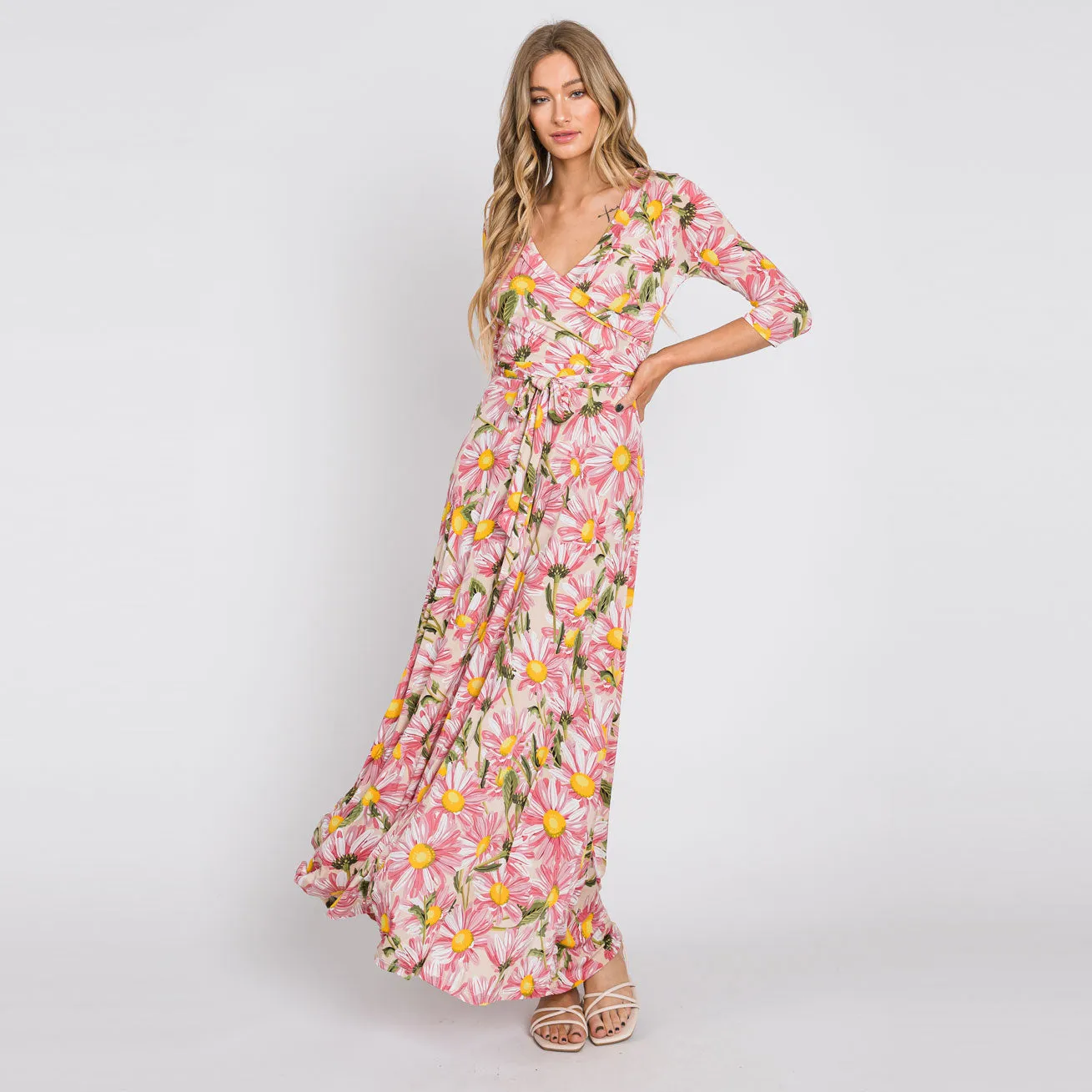 Coral Daisy Mammoth Venechia Maxi Wrap Dress