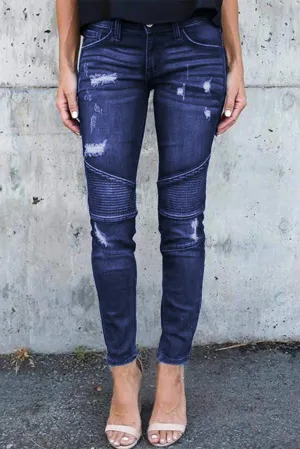 Dark Blue Distressed Patchwork Skinny Jeans