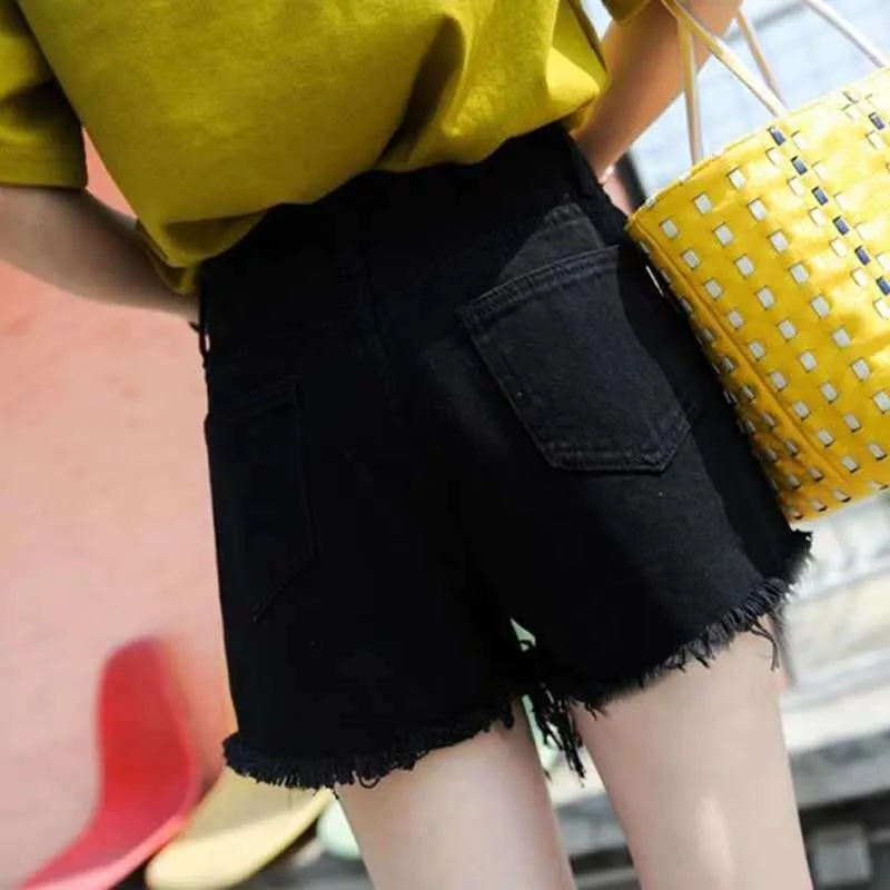 Denim Pants Women Summer Korean Loose Ripped High Waist Slim Look All-Matching Black A-Line Burr Hot Pants Shorts