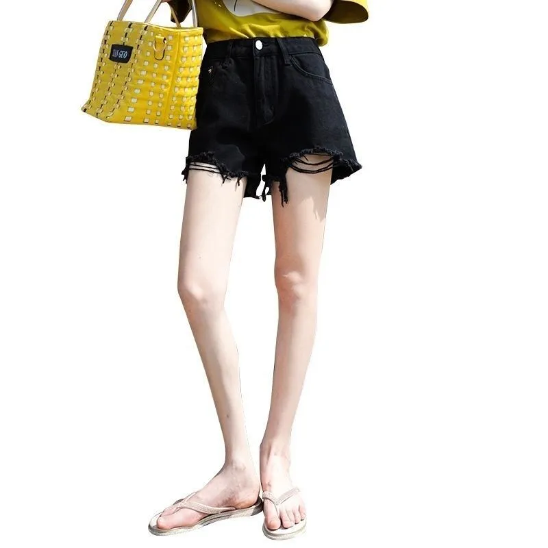 Denim Pants Women Summer Korean Loose Ripped High Waist Slim Look All-Matching Black A-Line Burr Hot Pants Shorts