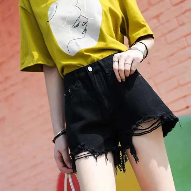 Denim Pants Women Summer Korean Loose Ripped High Waist Slim Look All-Matching Black A-Line Burr Hot Pants Shorts