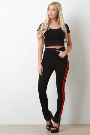Double Striped High Waist Skinny Denim Jeans Double Striped High Waist Skinny Denim Jeans