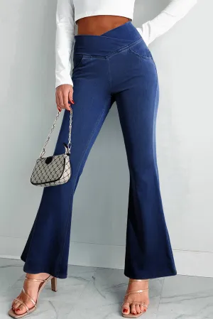 Dusk Blue Solid Crossed High Waist Fit Flare Jeans