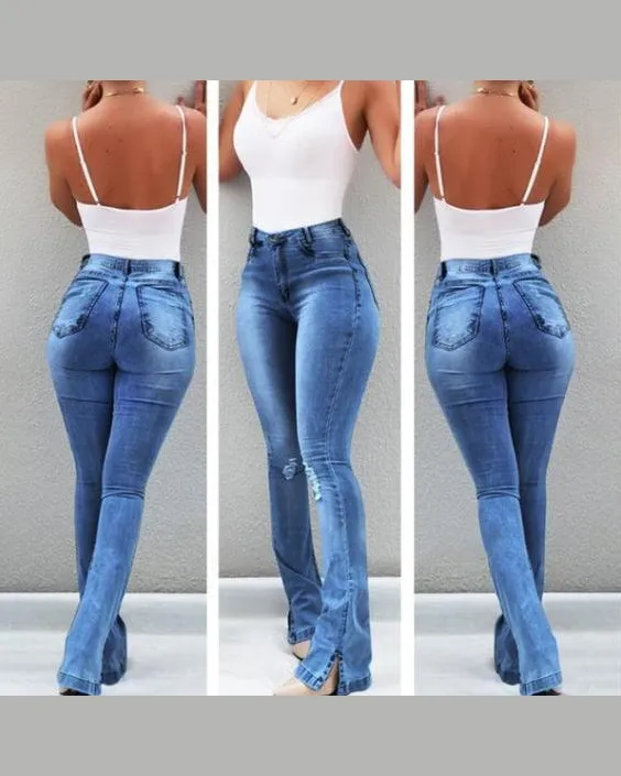 Elastische geschlitzte ausgestellte High-Waist-Jeans Damen-Hose
