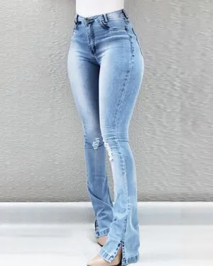 Elastische geschlitzte ausgestellte High-Waist-Jeans Damen-Hose