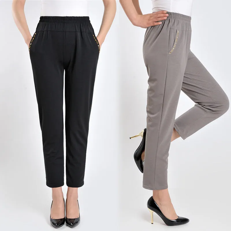 Elderly Women Pants Casual Loose Straight Elastic High Waist Summer Outdoor Mom Pants