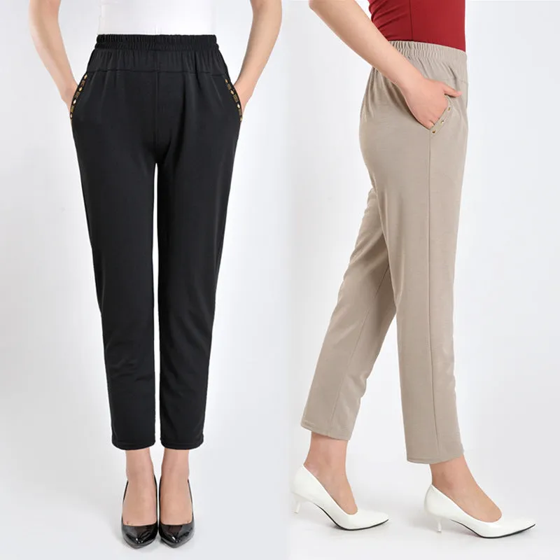 Elderly Women Pants Casual Loose Straight Elastic High Waist Summer Outdoor Mom Pants