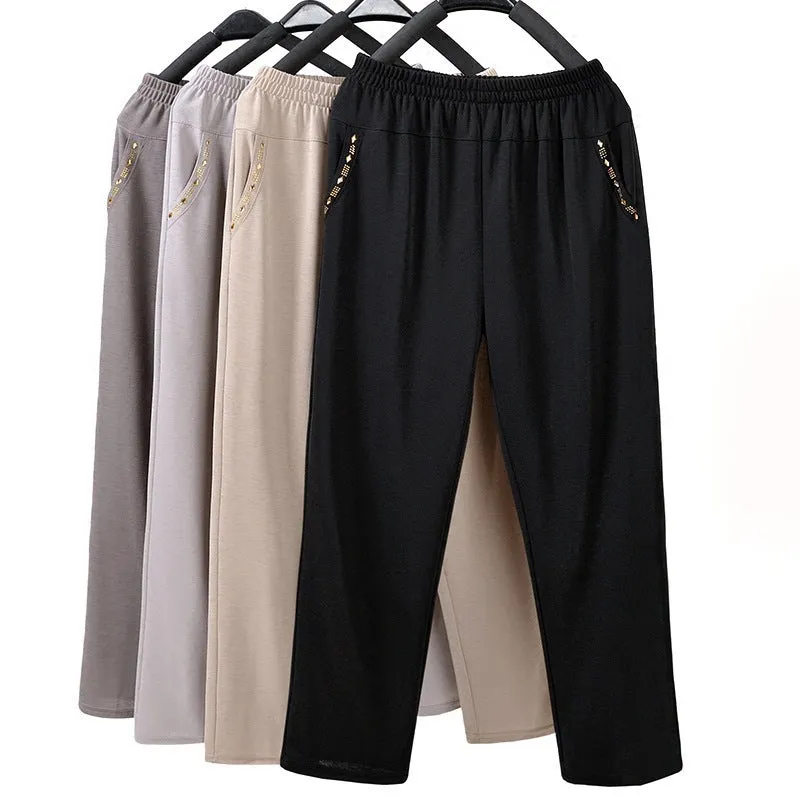 Elderly Women Pants Casual Loose Straight Elastic High Waist Summer Outdoor Mom Pants