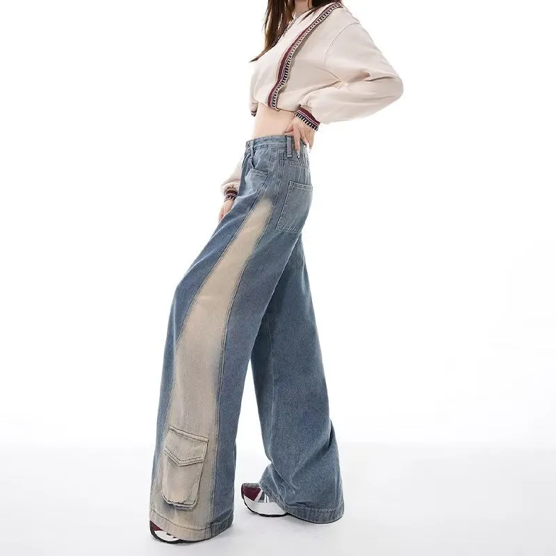 Fashionkova jeans Personalized Pocket Design Color Matching Wide Leg Jeans Women's Autumn New High Waist Loose Slimming Straight Overalls Fashion