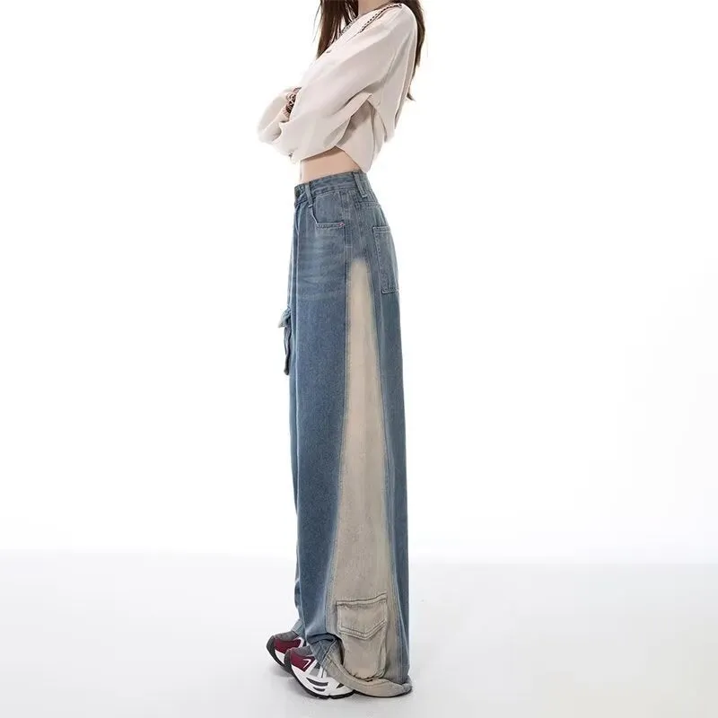 Fashionkova jeans Personalized Pocket Design Color Matching Wide Leg Jeans Women's Autumn New High Waist Loose Slimming Straight Overalls Fashion