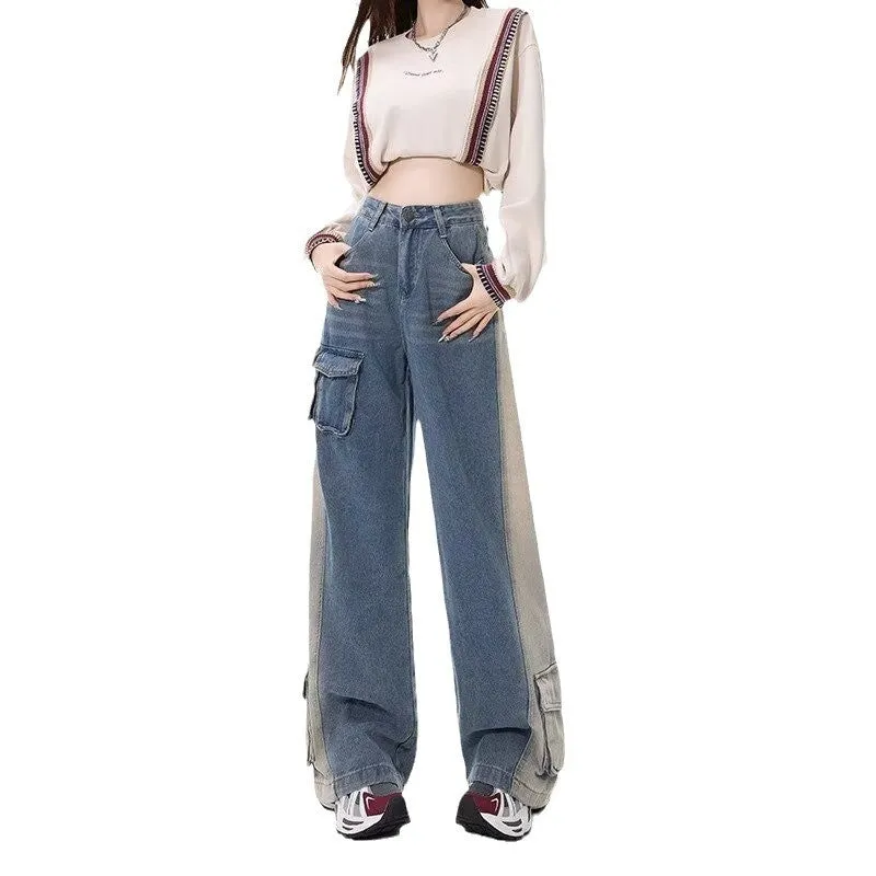 Fashionkova jeans Personalized Pocket Design Color Matching Wide Leg Jeans Women's Autumn New High Waist Loose Slimming Straight Overalls Fashion