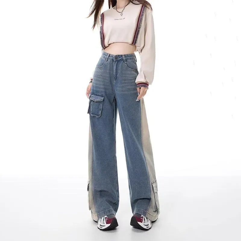 Fashionkova jeans Personalized Pocket Design Color Matching Wide Leg Jeans Women's Autumn New High Waist Loose Slimming Straight Overalls Fashion