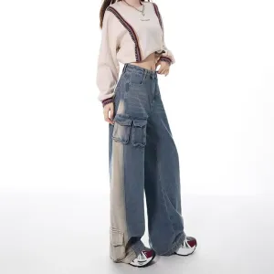 Fashionkova jeans Personalized Pocket Design Color Matching Wide Leg Jeans Women's Autumn New High Waist Loose Slimming Straight Overalls Fashion