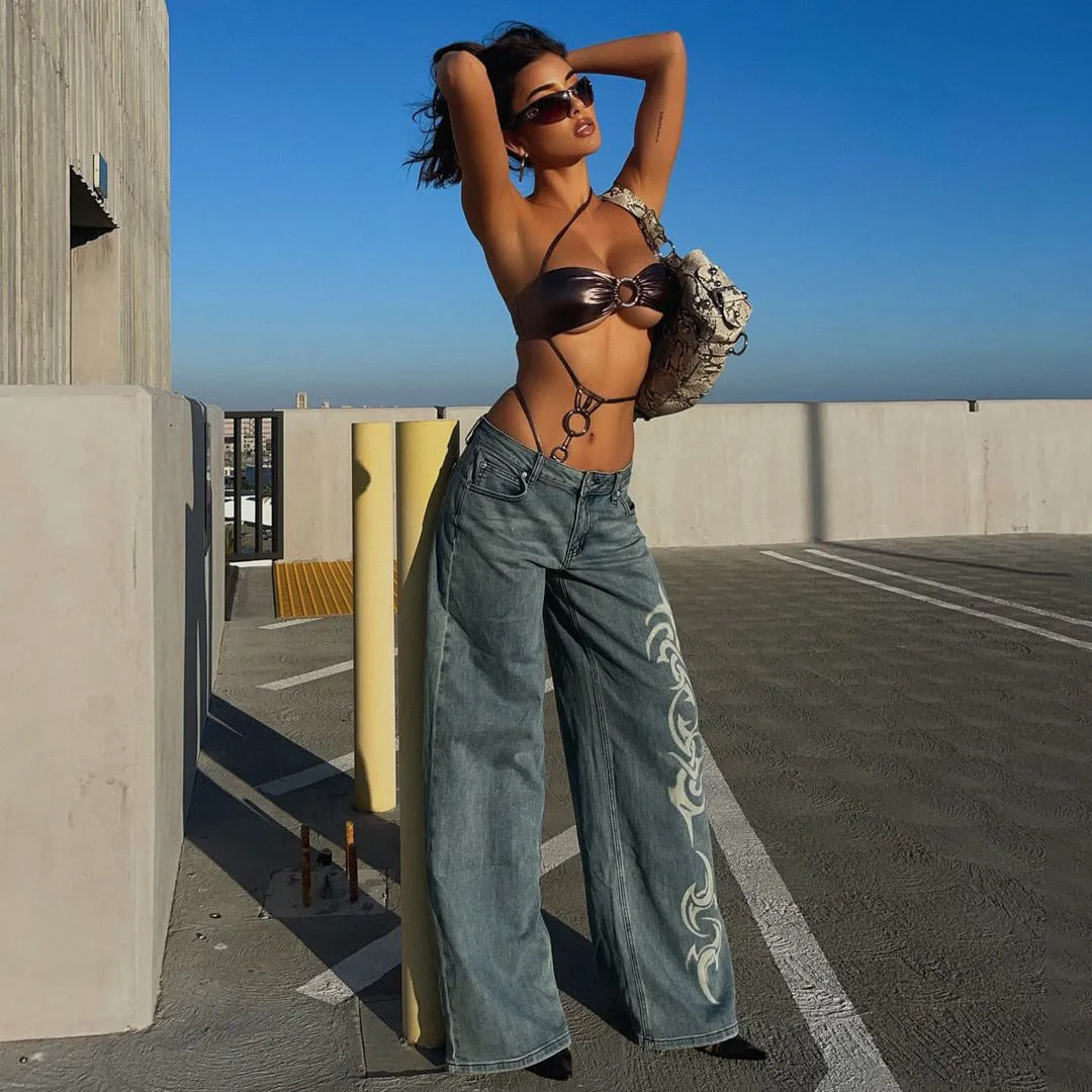 Fashionkova y2k outfits Personalized Printed Hot Girl Jeans Women's Autumn New American Retro Washed Straight Trousers