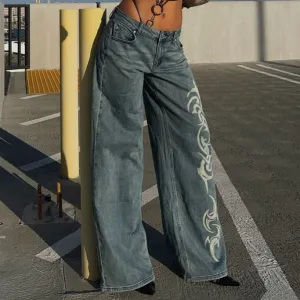 Fashionkova y2k outfits Personalized Printed Hot Girl Jeans Women's Autumn New American Retro Washed Straight Trousers