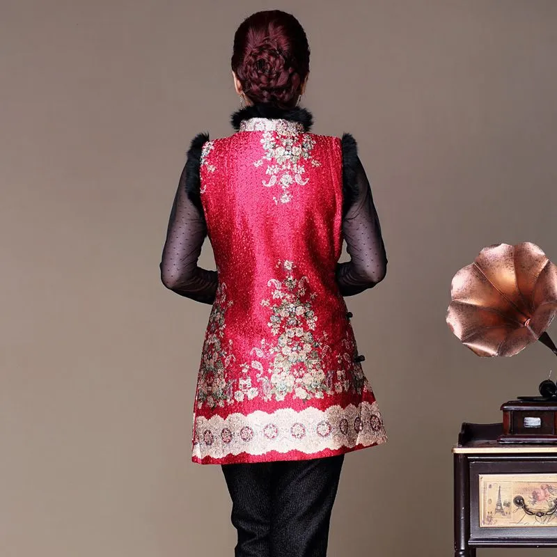 Fur Collar & Cuff Silk & Linen Chinese Style Floral Women's Vest