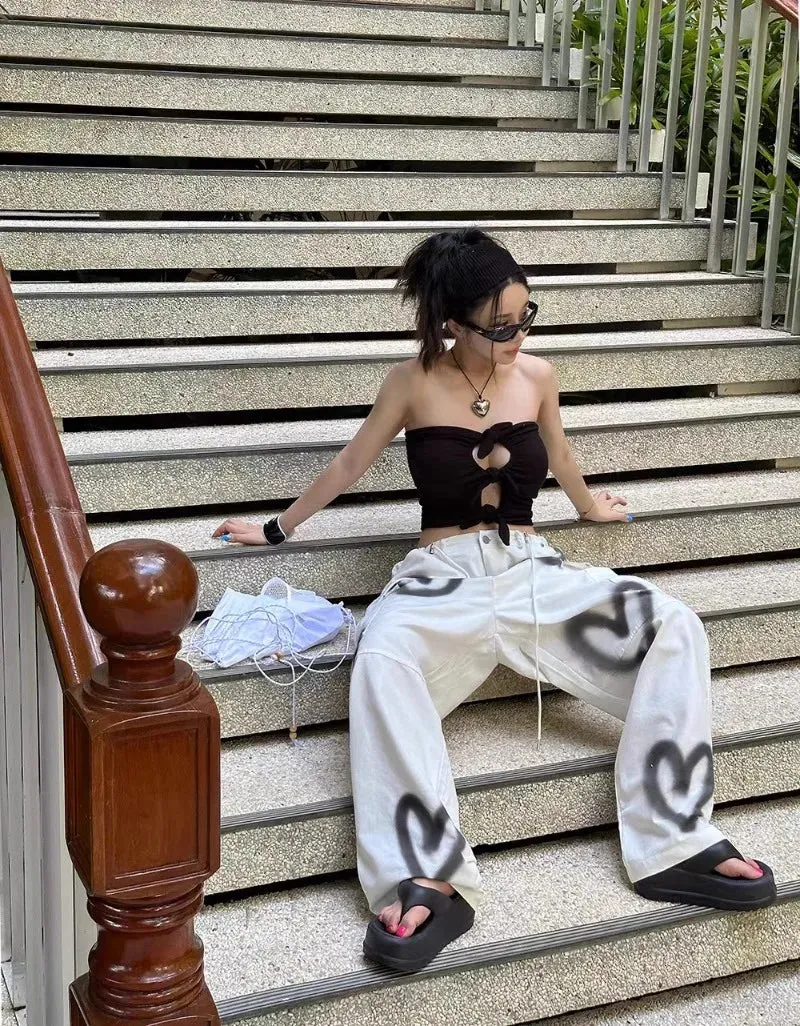 Girlary Fashion Personalized Work Jeans Women Autumn Contrast Heart Graffiti Long Denim Pants Drawstring Lace Up Wide Leg Pants