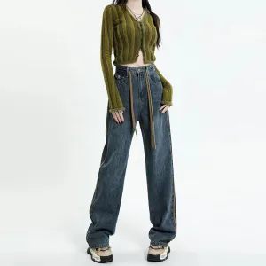 Girlary Hip Hop Trendy Fashion Personalized Loose Wide Leg Jeans Women Button Pockets Zipper Drawstring Slim Design Sense Straight Pants