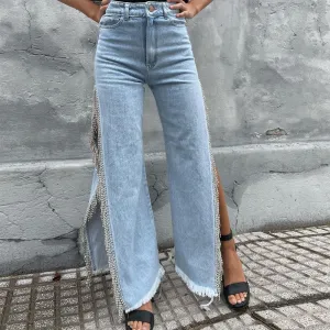 Girlary-shop fashion outfits Women's Clothing 2024 Summer New Personalized Trendy Split Chain Jeans for Women