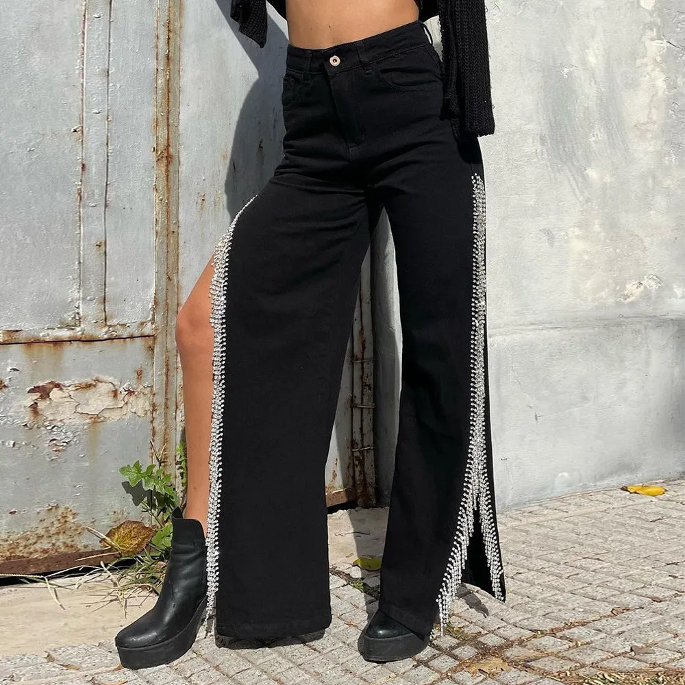 Girlary-shop fashion outfits Women's Clothing 2024 Summer New Personalized Trendy Split Chain Jeans for Women