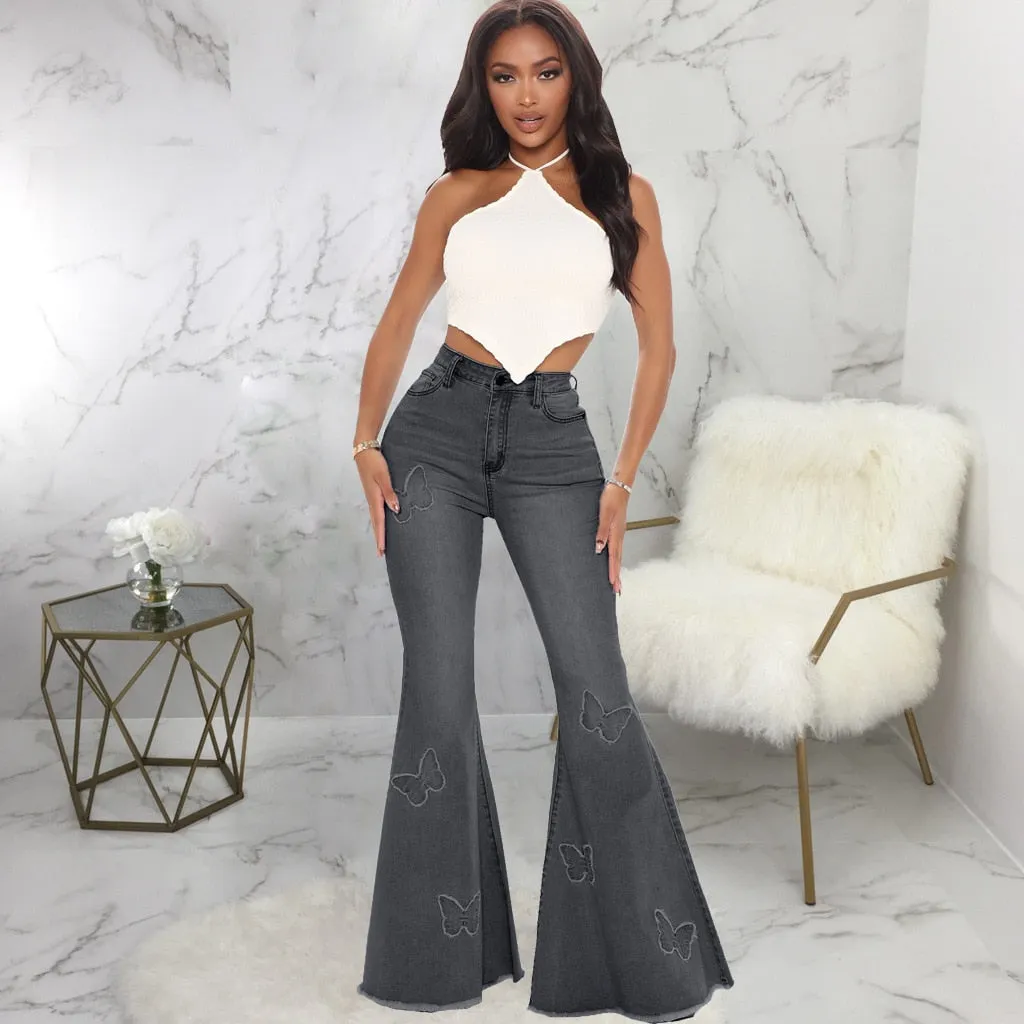 Gray Flared Jeans Women's High Waist Butterfly Print Denim Trousers Streetwear Flared Pants Lady Blue Jeans Denim Wide Leg Pants