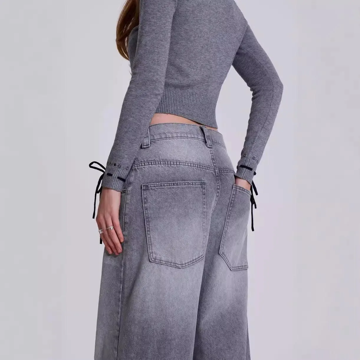 Gray Y2K Washed Distressed Casual Straight-Leg Jeans
