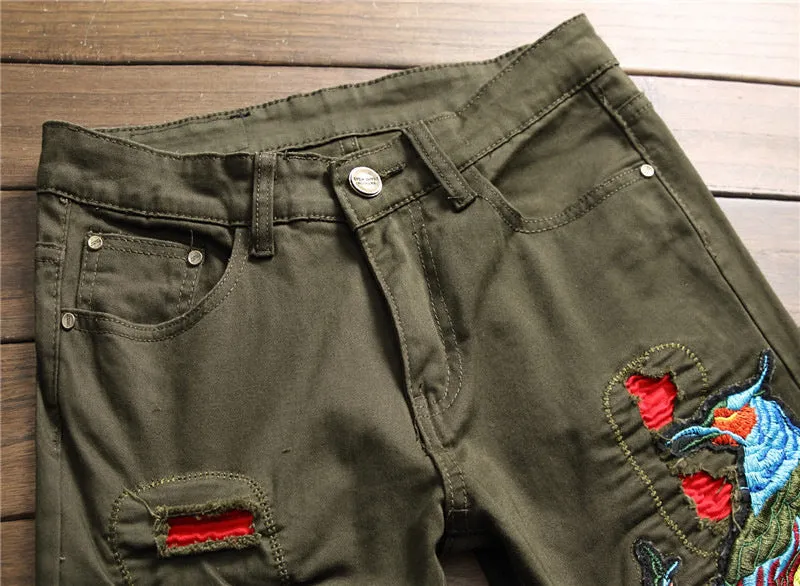 Green with Animal Flower Embroidery Hole Ripped Spliced Casual Style Men Jeans