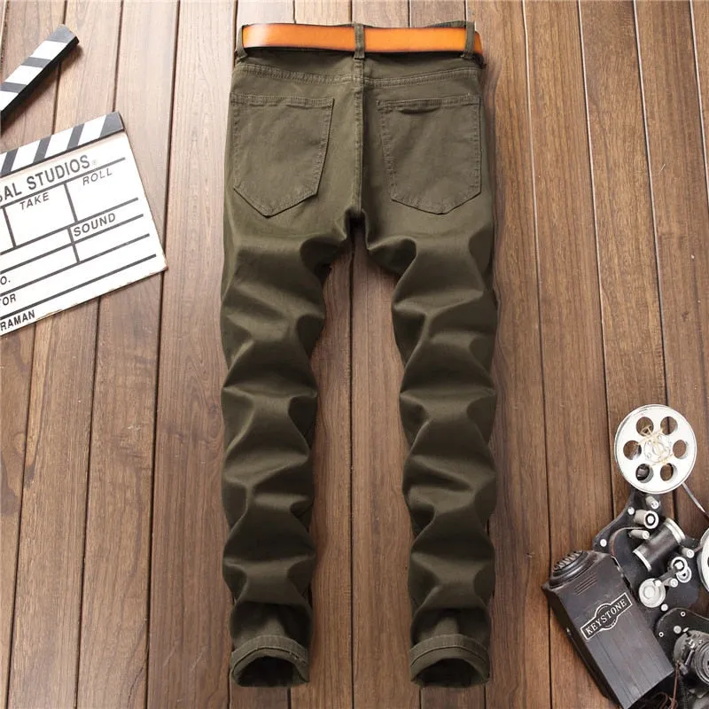 Green with Animal Flower Embroidery Hole Ripped Spliced Casual Style Men Jeans