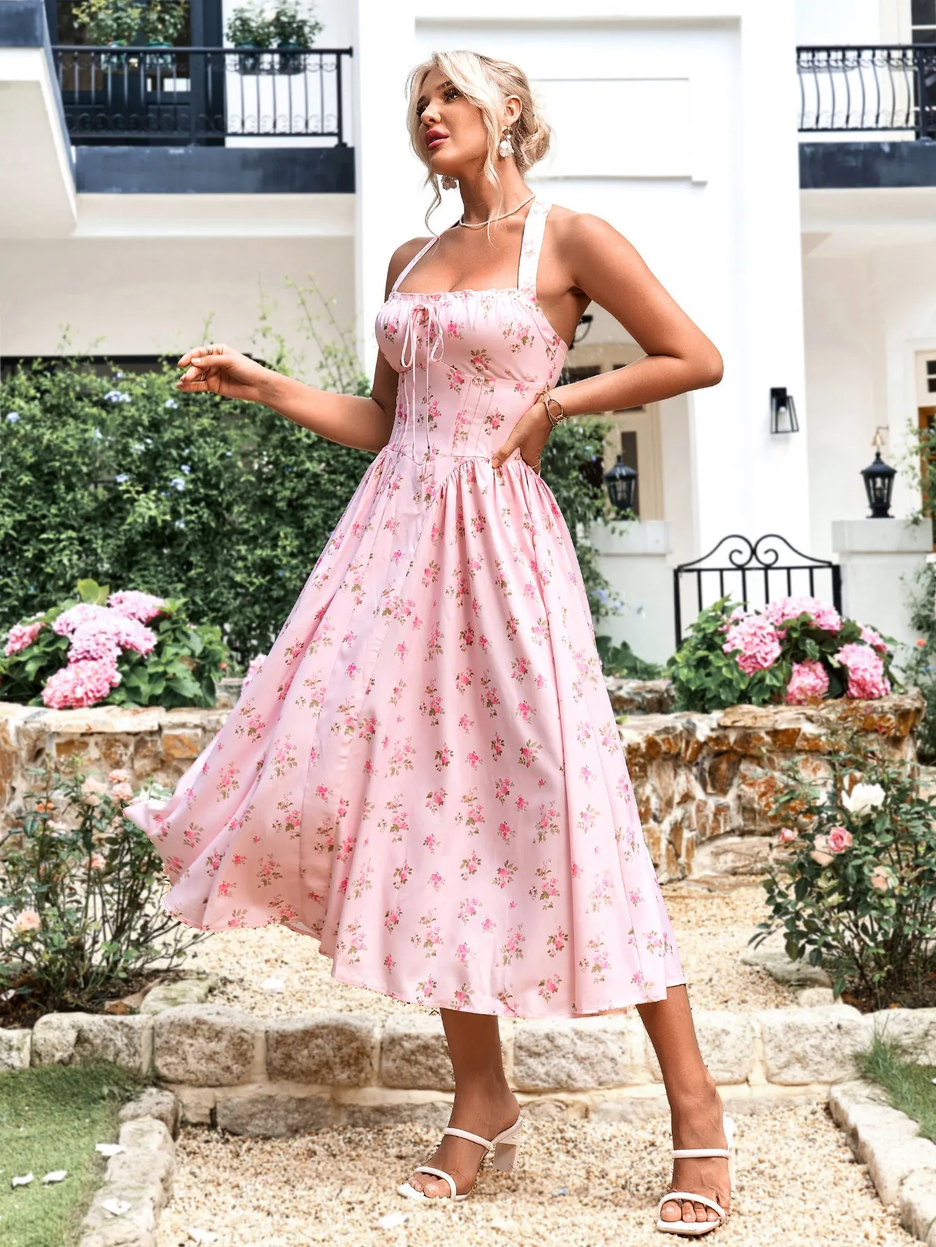 Halter Tie Smocking Floral Print Bodycon Dress