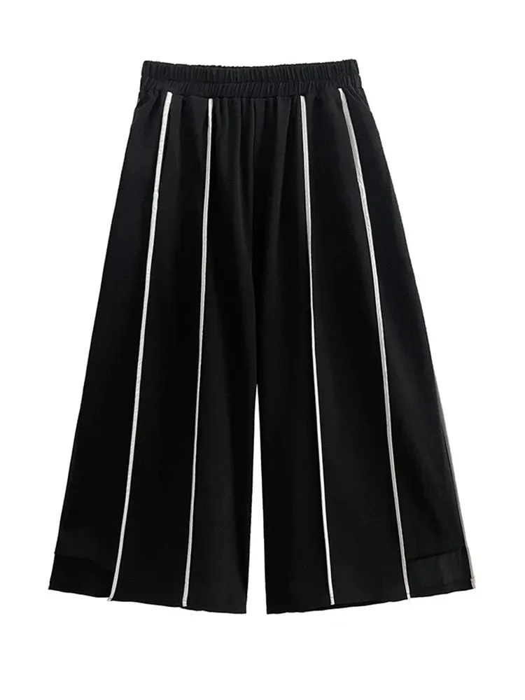 HEYFANCYSTYLE Black High Elastic Waist Striped Pants