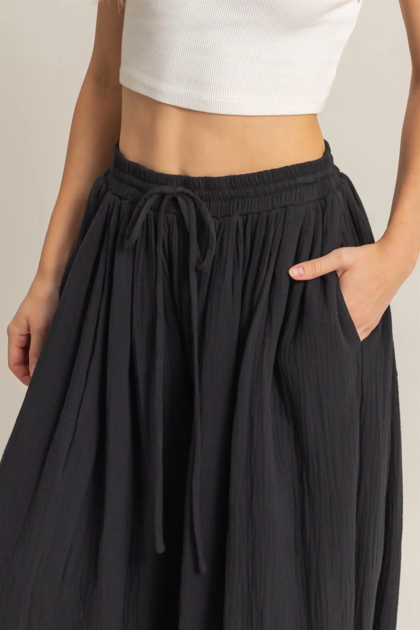 HF25C462-Double Gauze High-Waist Baggy Pants