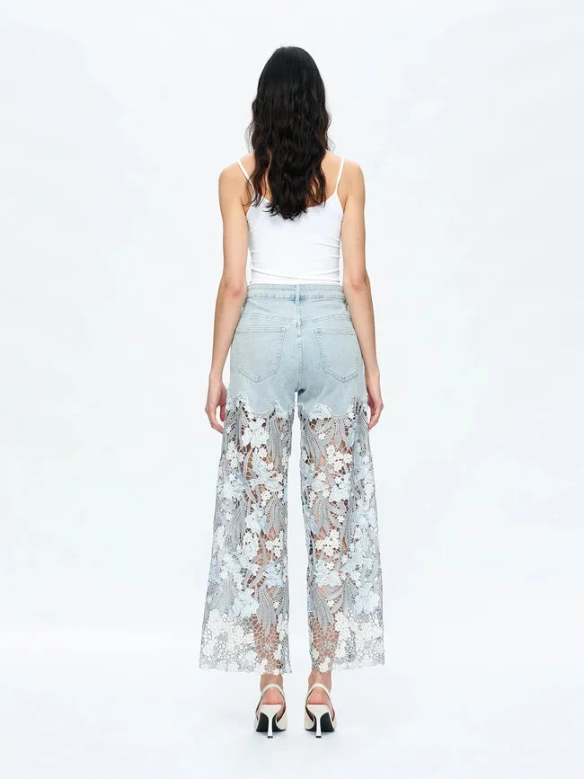High Rise Wide Leg Jeans with Lace Spliced LESLEY BLUE